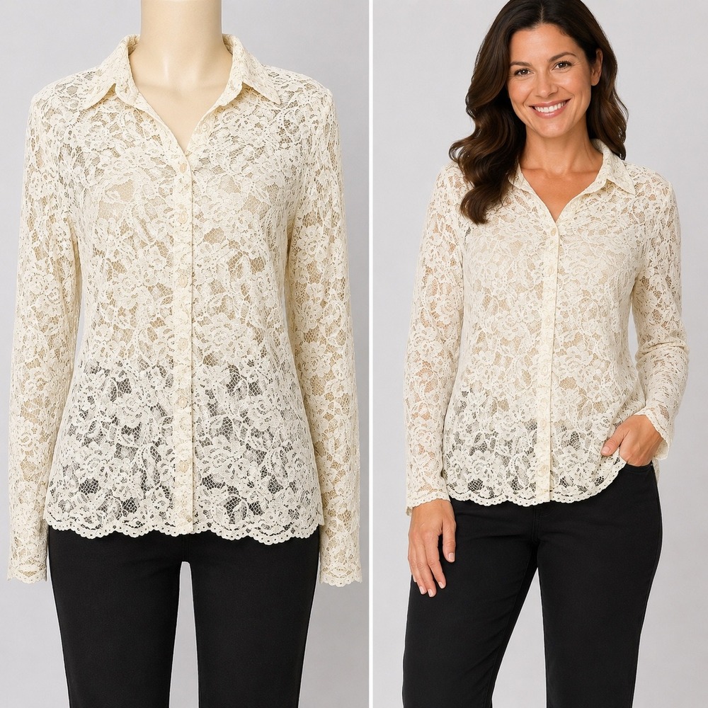 Vintage Y2K ICE Lace Shirt Womens Small Ivory Sheer Floral Button Front Blouse